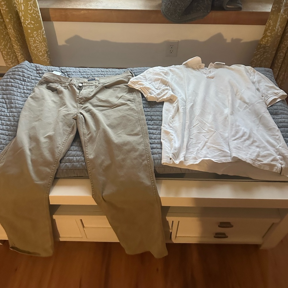 White Polo Shirt and Tan Pants Set
